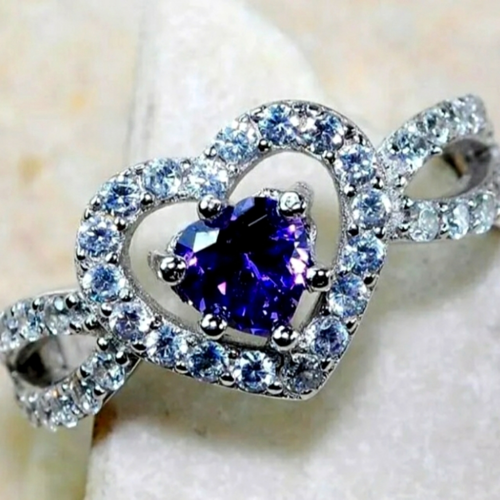 Heart 2CT Natural Amethyst & Topaz 925 Solid Sterling Silver Ring
